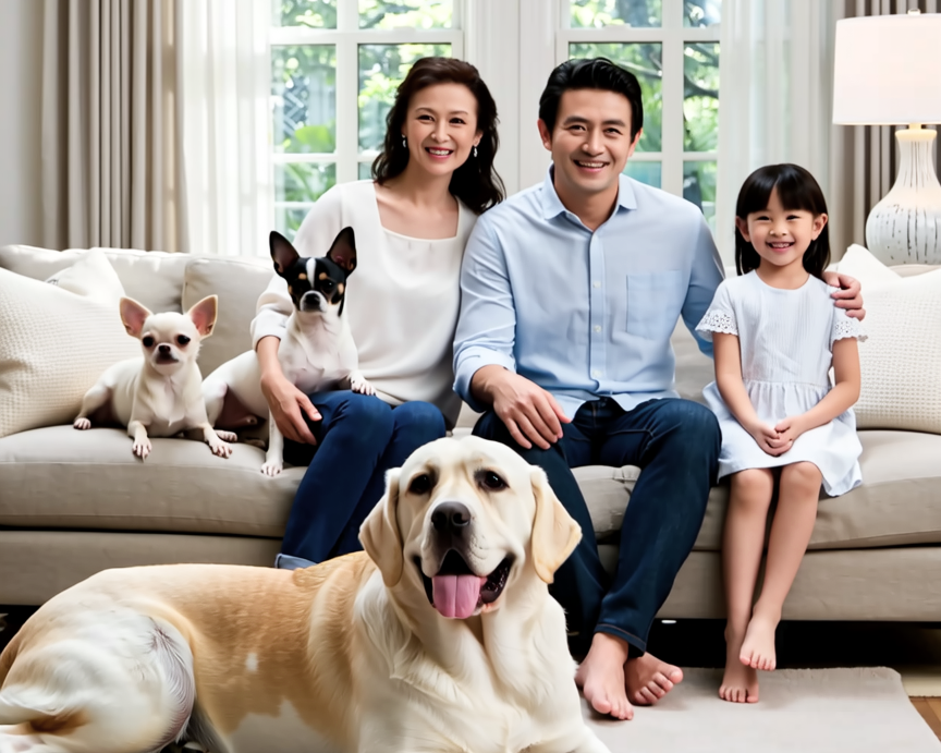 Smiling family with two small dogs and a large dog on a couch