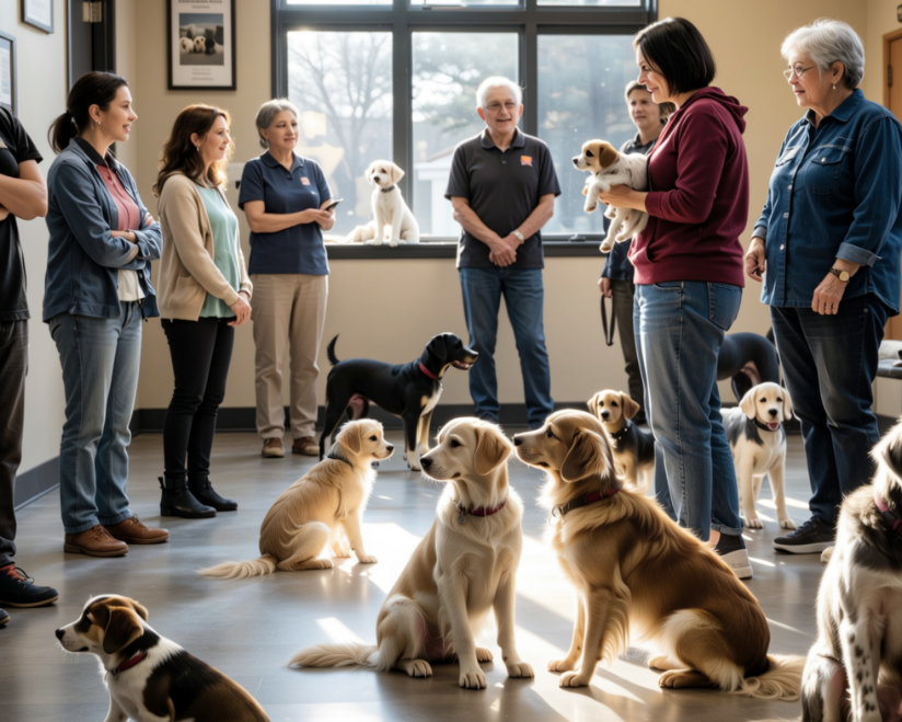 Indoor rescue event with people and dogs