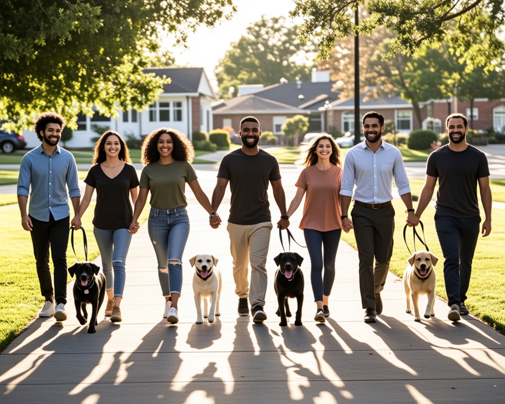 Group of people walking multiple dogs